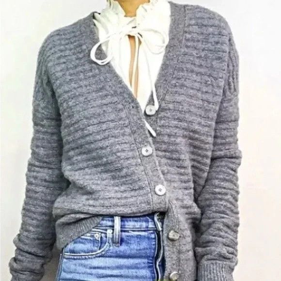 Theory Womens Cardigan Merino Wool Yak S Button Up Sweater Paramour Gray Ribbed - Picture 11 of 12